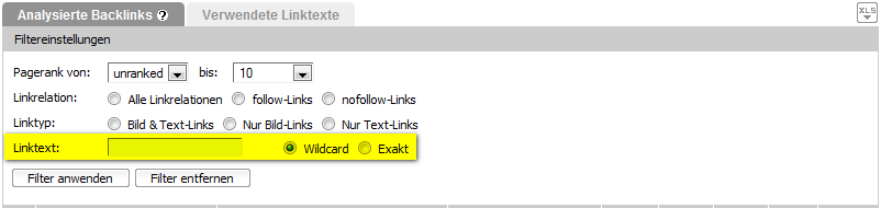 Linktext-Filter mit exakter und Wildcard-Einstellung