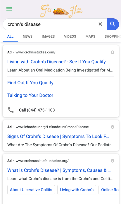 Screenshot von Adwords auf einer Suchresultatseite in den USA zum Thema Crohn`s disease