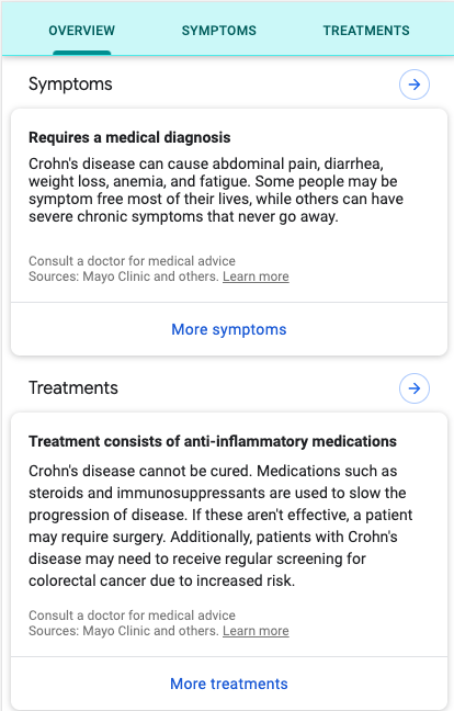 Screenshot einer Serp mit Integration von Symptome und Behandlung bei Google