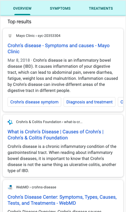 Screenshot einer Google SERP mit normalen Ergebnissen zum Thema Morbus Crohn