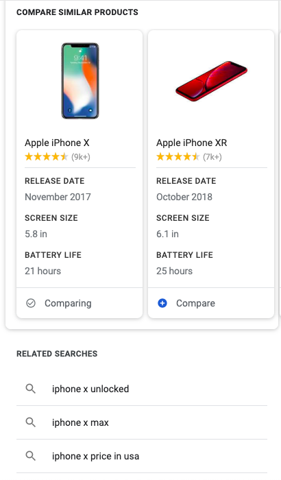 Screenshot einer Google SErp mit Vergleichsfunktion zu Thema Iphone x