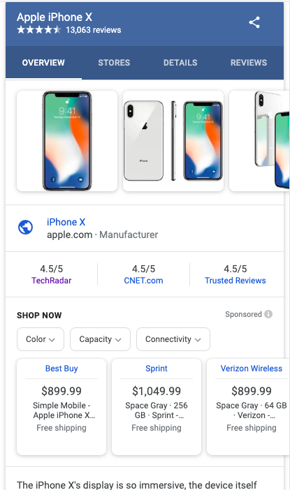 Screenshot einer mobilen SERP bei Google mit Knowledge Panel Product Listing für Iphone X