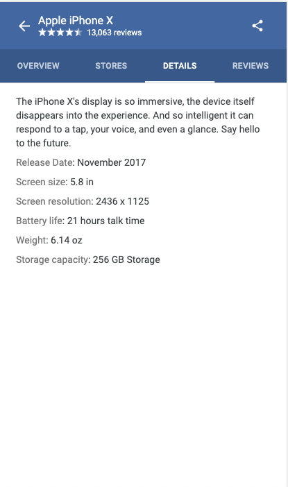 Screenshot eines Knowledge Panel Tab Details für Iphone X in den Google Suchresultaten
