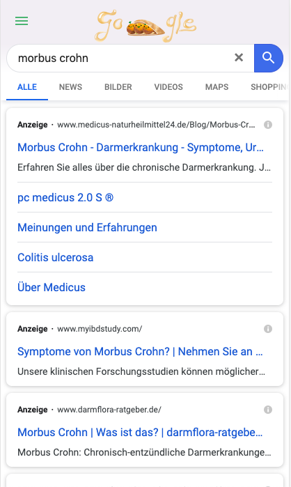 Screenshot einer Google Serp mit Anzeigen Above the fold zum Thema Morbus Crohn