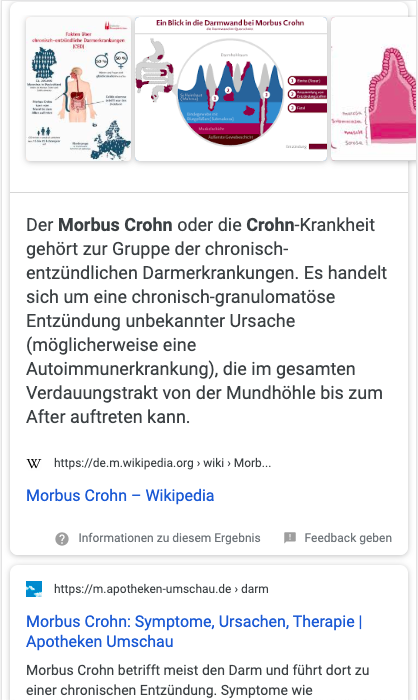 Screenshot einer Google Resultatseite mit Antwortbox Integration zum Thema Morbus Crohn