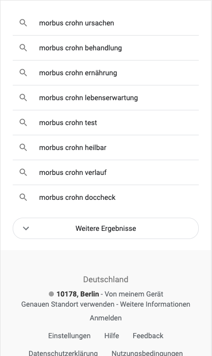 Screenshot von Google Suchresultatseite zum Thema Morbus Crohn mit Related Search Integration