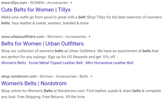 Image of Google Search for "Women's Belt"