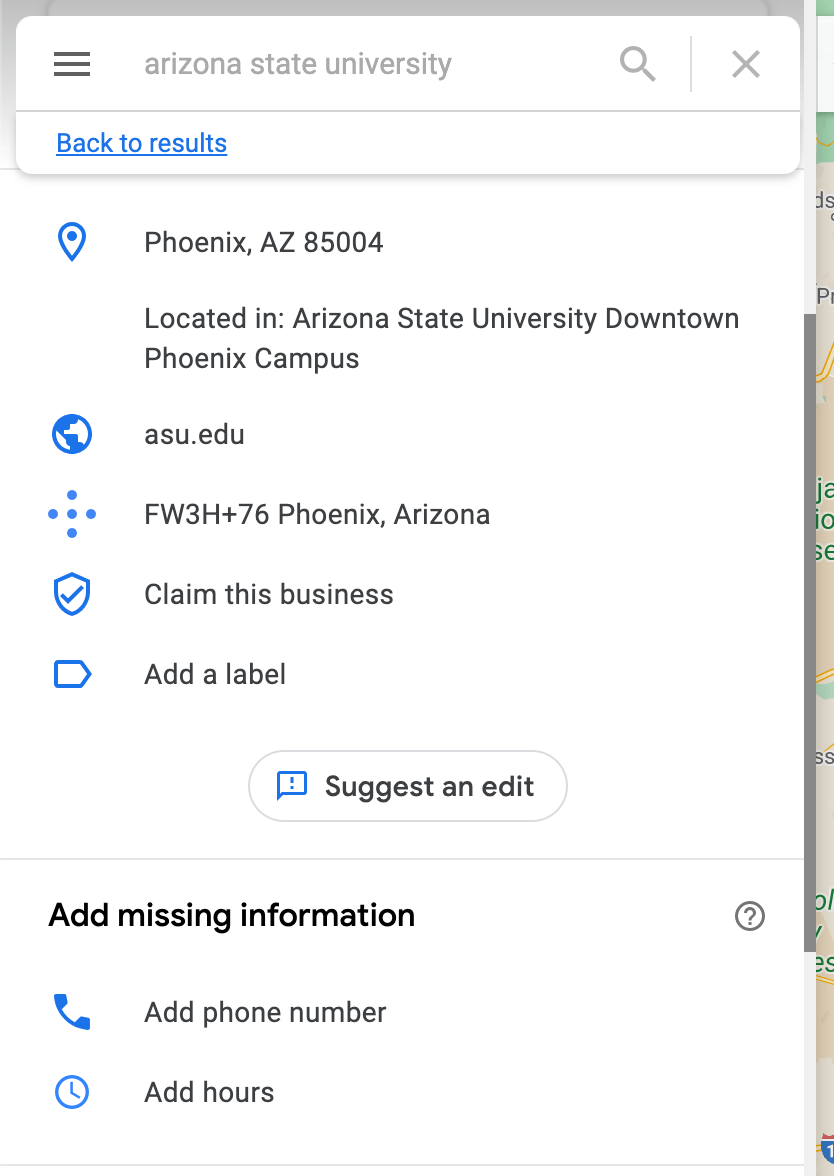 Google Maps details for Arizona State University