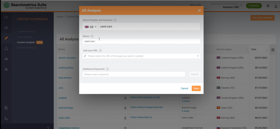 Una captura de pantalla de la herramienta Searchmetrics Content Explorer