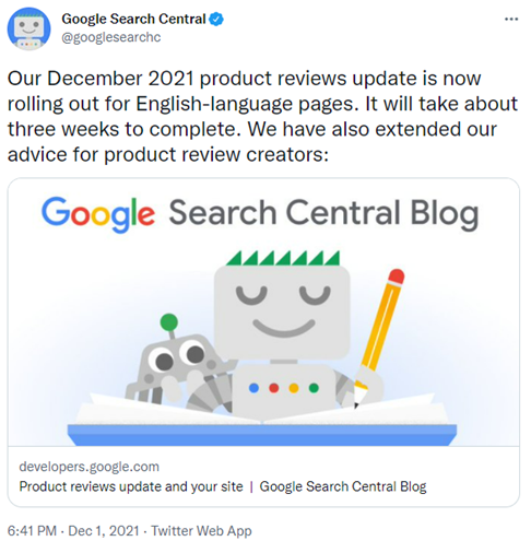 Image of Google Product Reviews Update Tweet